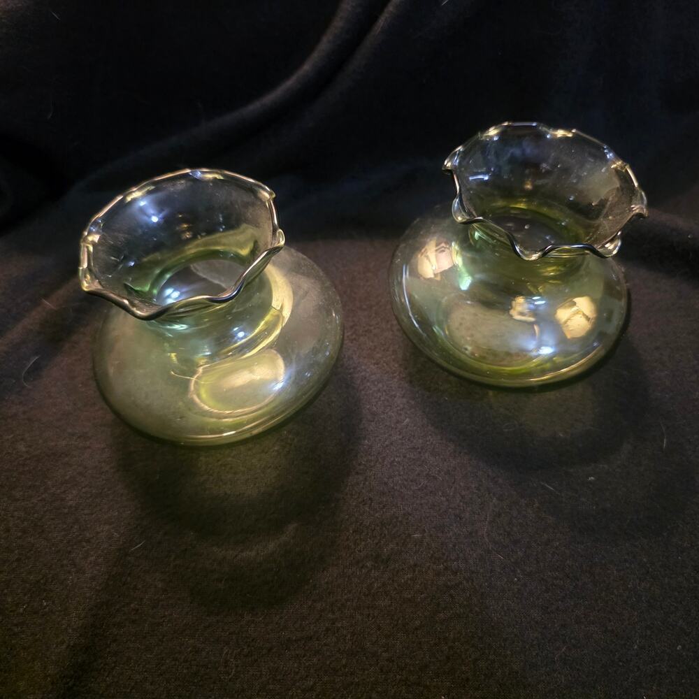 2 green small vases bud vases
